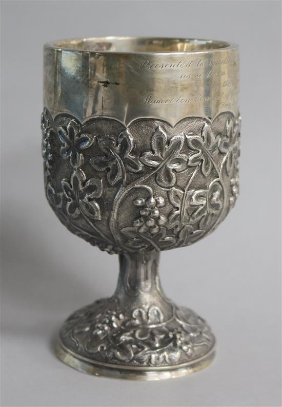 A Chinese silver presentation goblet, stamped Sterling with makers mark for J.A.W. 11 oz.